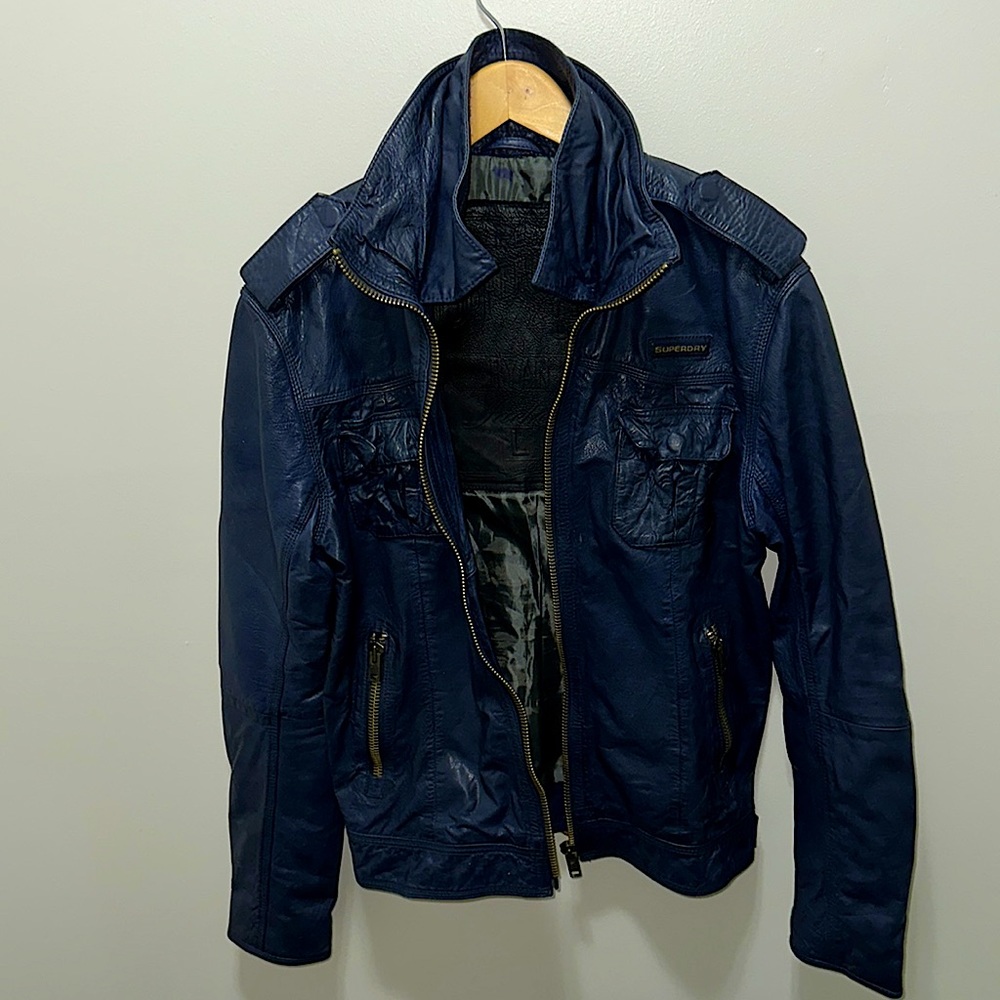 Superdry Men's Navy Leather Zip-Up Jacket - Picture 2 of 5